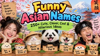 Funny Asian names with cute panda, sushi, ramen, mochi, and playful name ideas