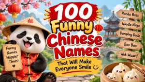 100 funny Chinese names with a cheerful panda, dumplings, lanterns, and colorful Chinese scenery