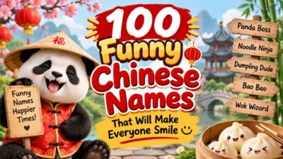 100 funny Chinese names with a cheerful panda, dumplings, lanterns, and colorful Chinese scenery