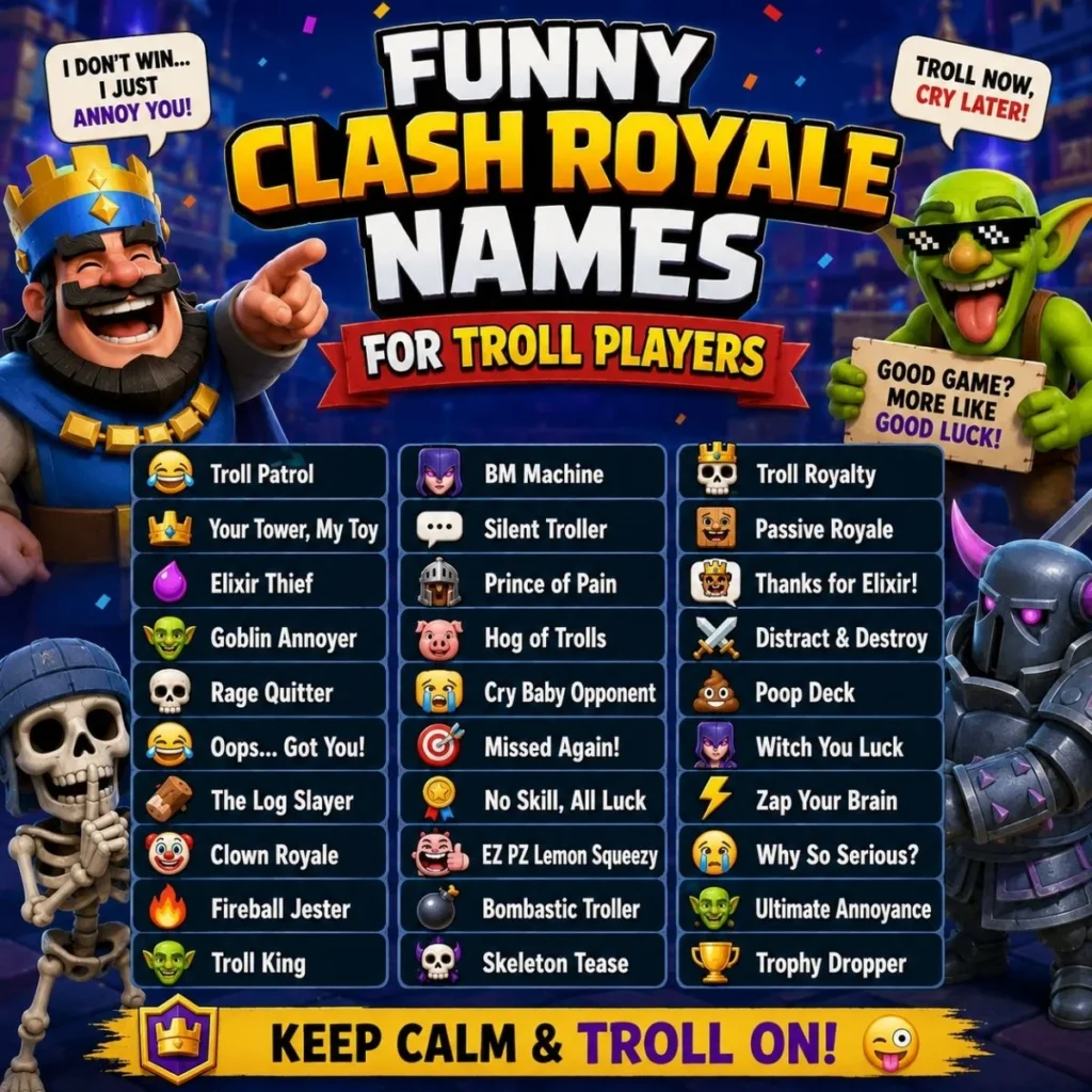 Funny Clash Royale names for troll players with playful and mischievous username ideas