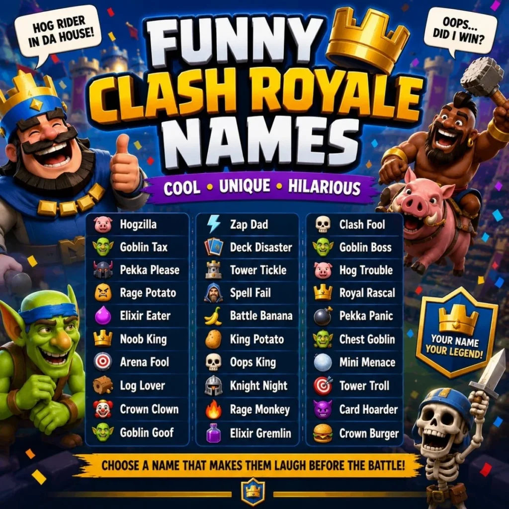 Funny Clash Royale names with cool, unique, and hilarious username ideas