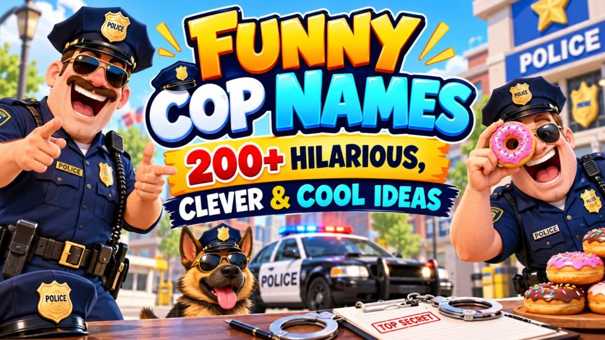 Funny cop names featuring cartoon police officers, badges, donuts, and a police car