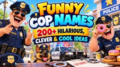 Funny cop names featuring cartoon police officers, badges, donuts, and a police car