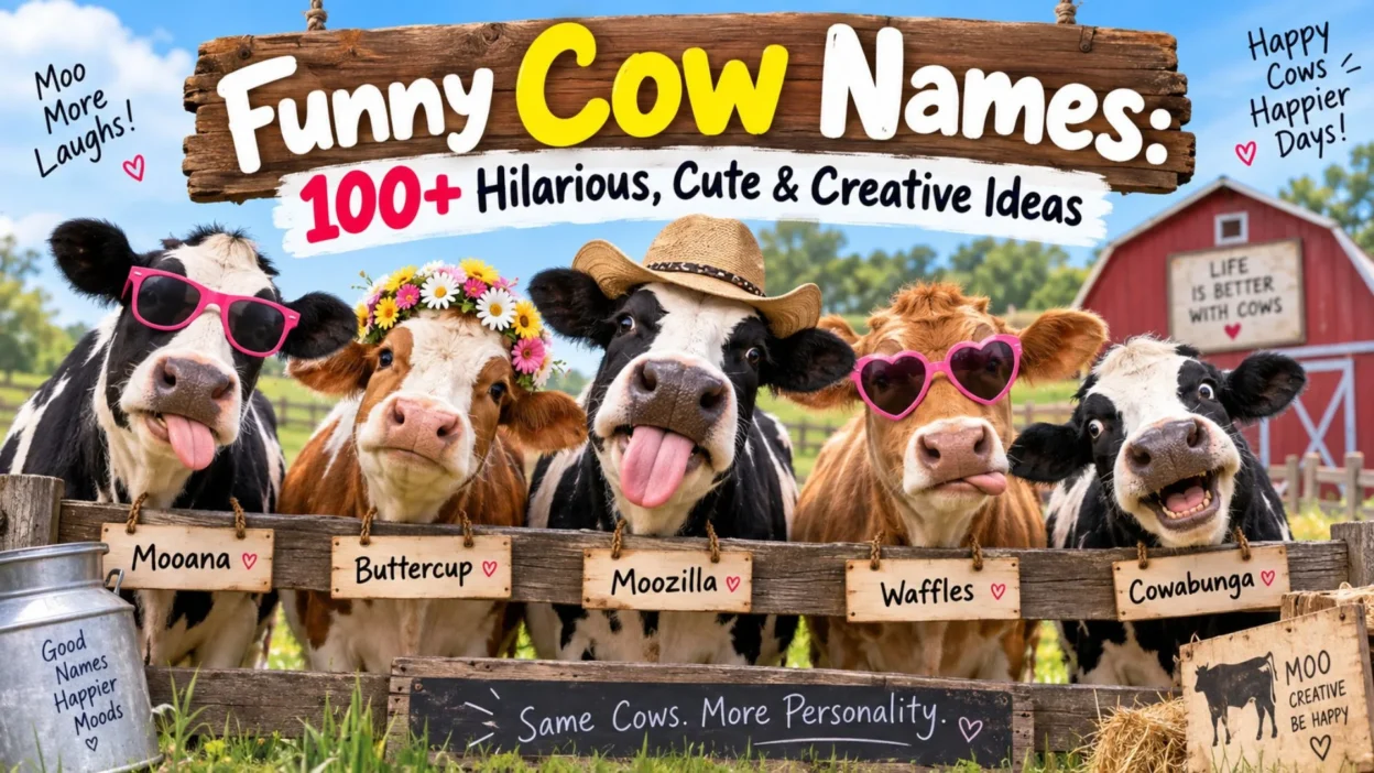 Funny cow names with five playful cows wearing colorful accessories on a cheerful farm