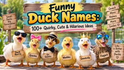 Funny duck names with cute ducks posing on a pond dock under a playful name sign