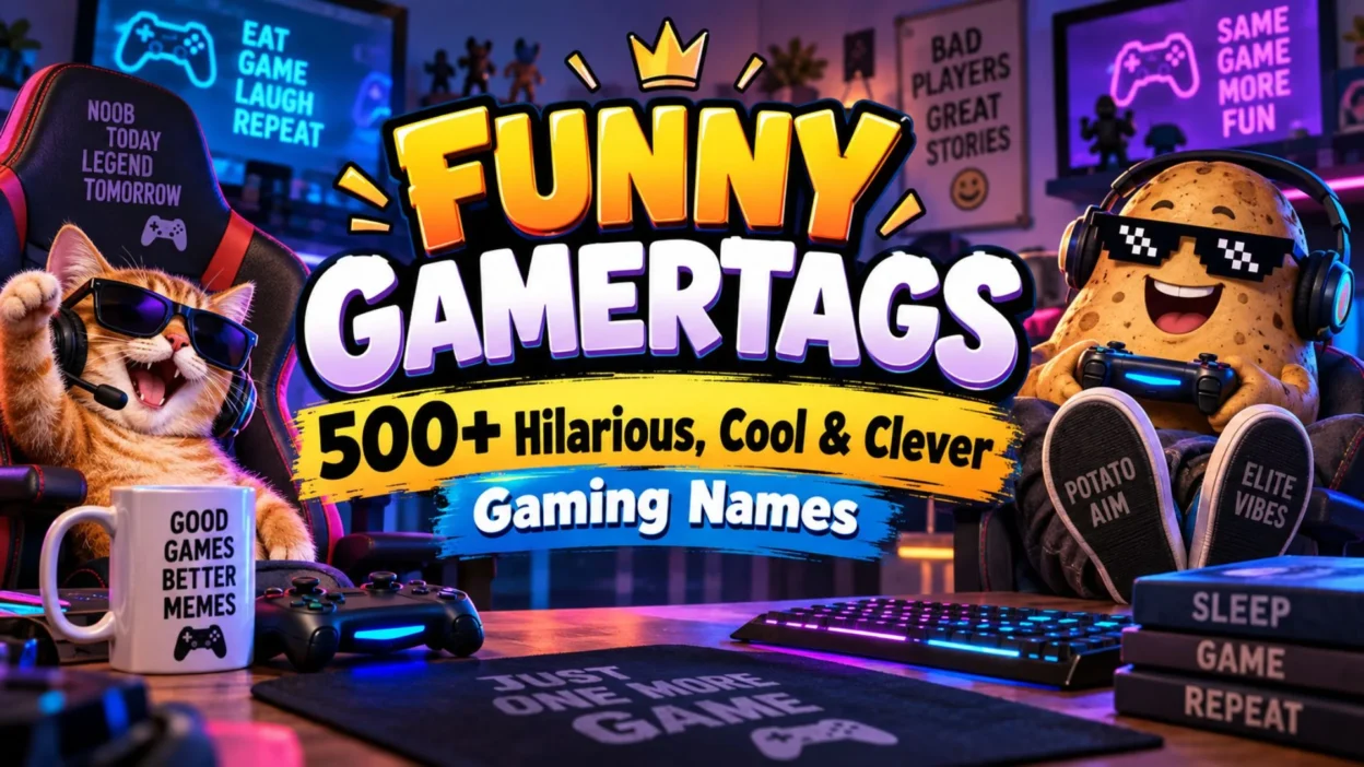 Funny gamertags banner with a playful cat and potato gamer holding controllers in a colorful gaming setup