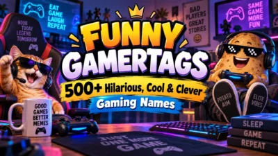 Funny gamertags banner with a playful cat and potato gamer holding controllers in a colorful gaming setup