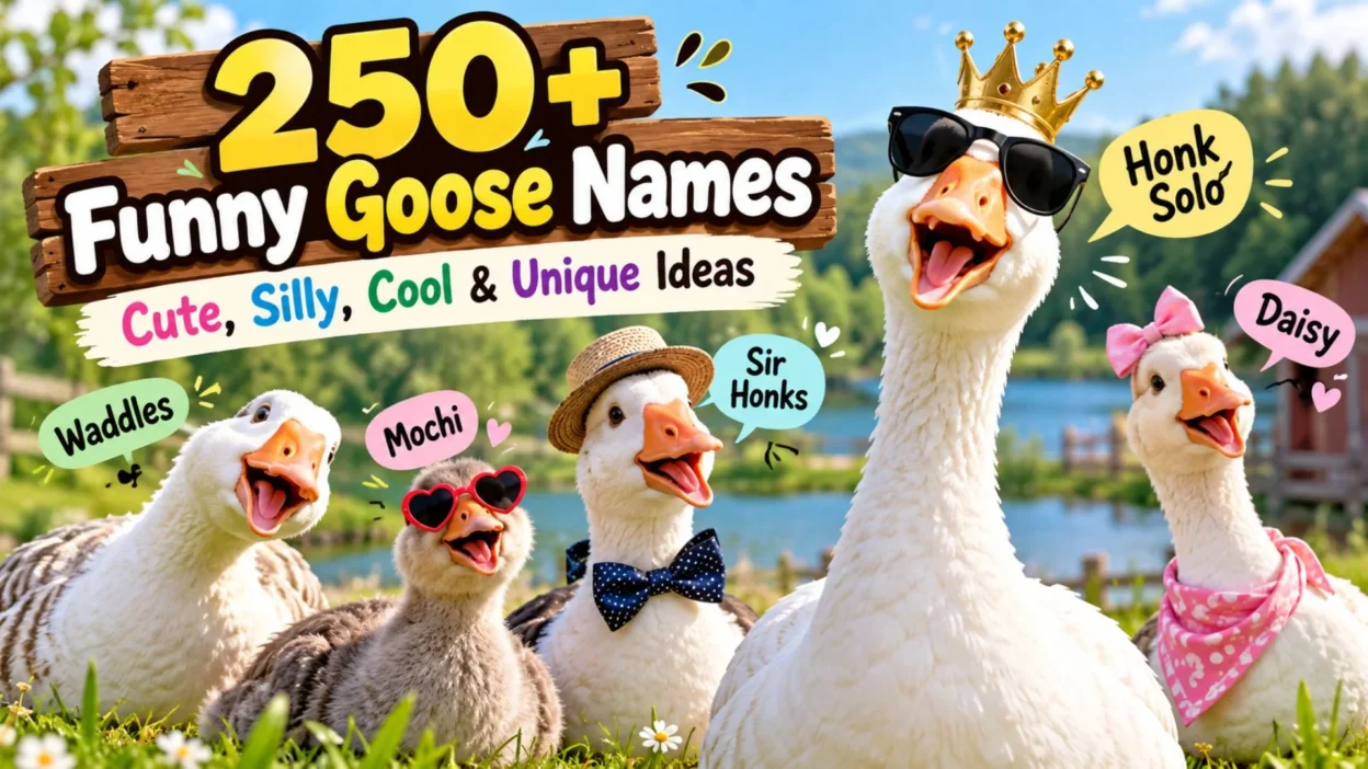 Funny goose names featuring cute geese wearing sunglasses, hats, and accessories in a colorful farm setting.