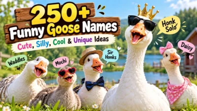 Funny goose names featuring cute geese wearing sunglasses, hats, and accessories in a colorful farm setting.