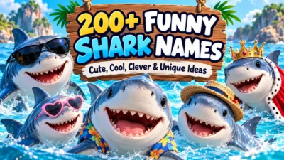 Funny shark names featuring cute cartoon sharks with sunglasses, crowns, and tropical accessories.
