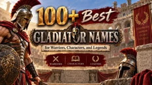 Epic Roman gladiator in armor with gladiator names text for warriors, characters, and legends