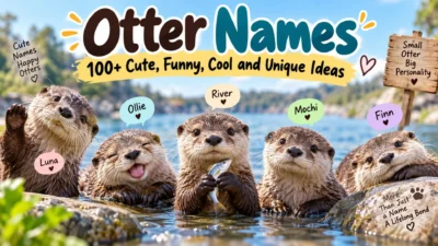 v\Cute otters by a lake with creative name ideas for funny, cool and unique otter names