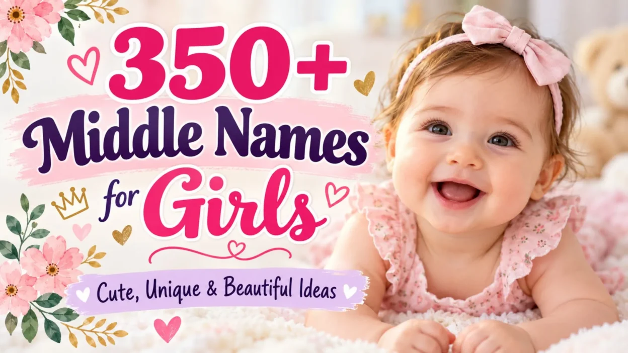 350+ middle names for girls featuring a smiling baby girl, pink flowers, and cute, unique, and beautiful name ideas
