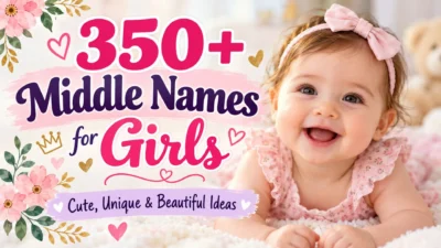 350+ middle names for girls featuring a smiling baby girl, pink flowers, and cute, unique, and beautiful name ideas