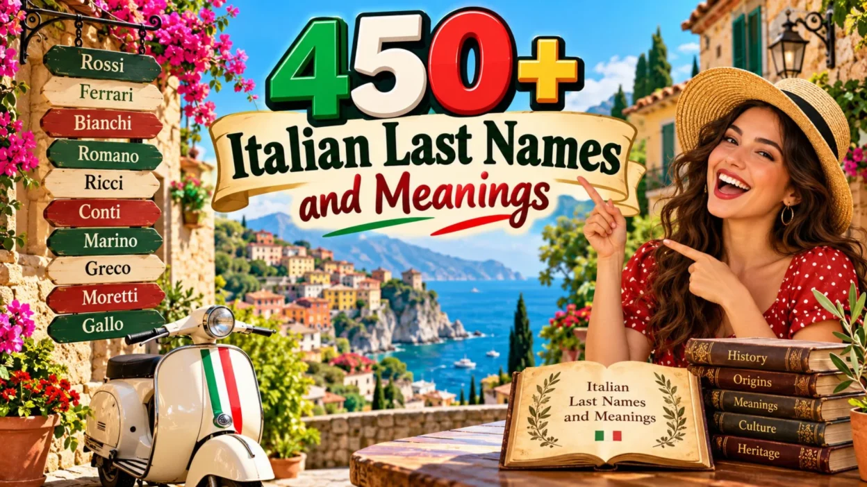 450+ Italian last names and meanings featured in a colorful Italian coastal village scene