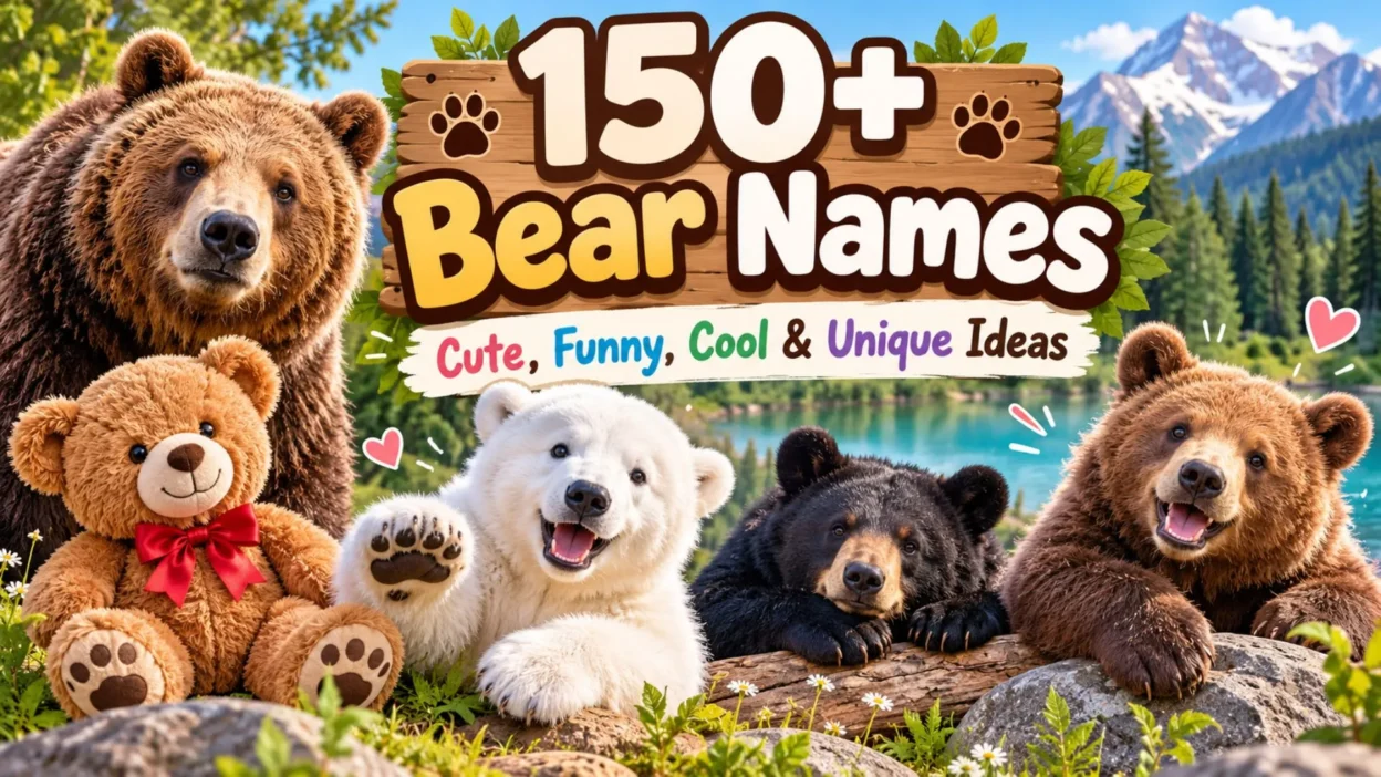 150+ bear names featuring cute, funny, cool, and unique bear name ideas with teddy bears and wild bears.