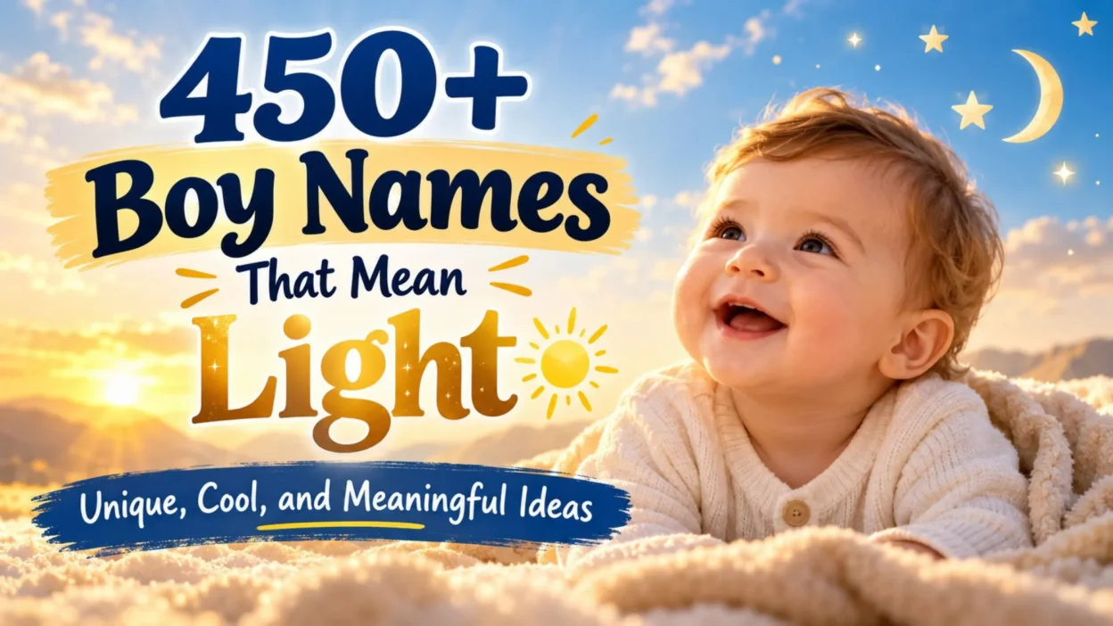 450+ boy names that mean light with a smiling baby boy and a beautiful golden sunrise.