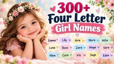 300+ four letter girl names featuring cute, unique, and stylish name ideas in a pastel floral design.