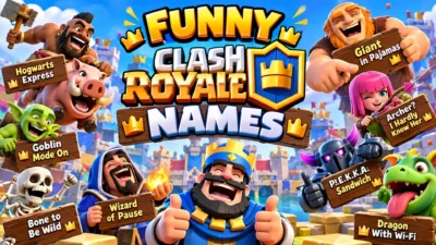 Funny Clash Royale names featuring colorful game characters, a laughing king, and creative gaming username ideas.