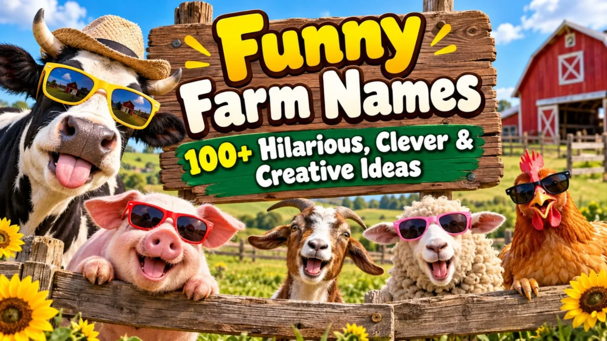 Funny farm names sign with cheerful cow, pig, goat, sheep, and chicken on a colorful farm