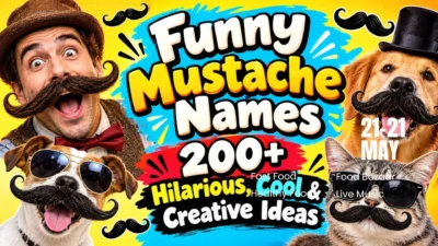 Funny mustache names graphic with a mustached man, dog, and cat featuring 200+ creative ideas
