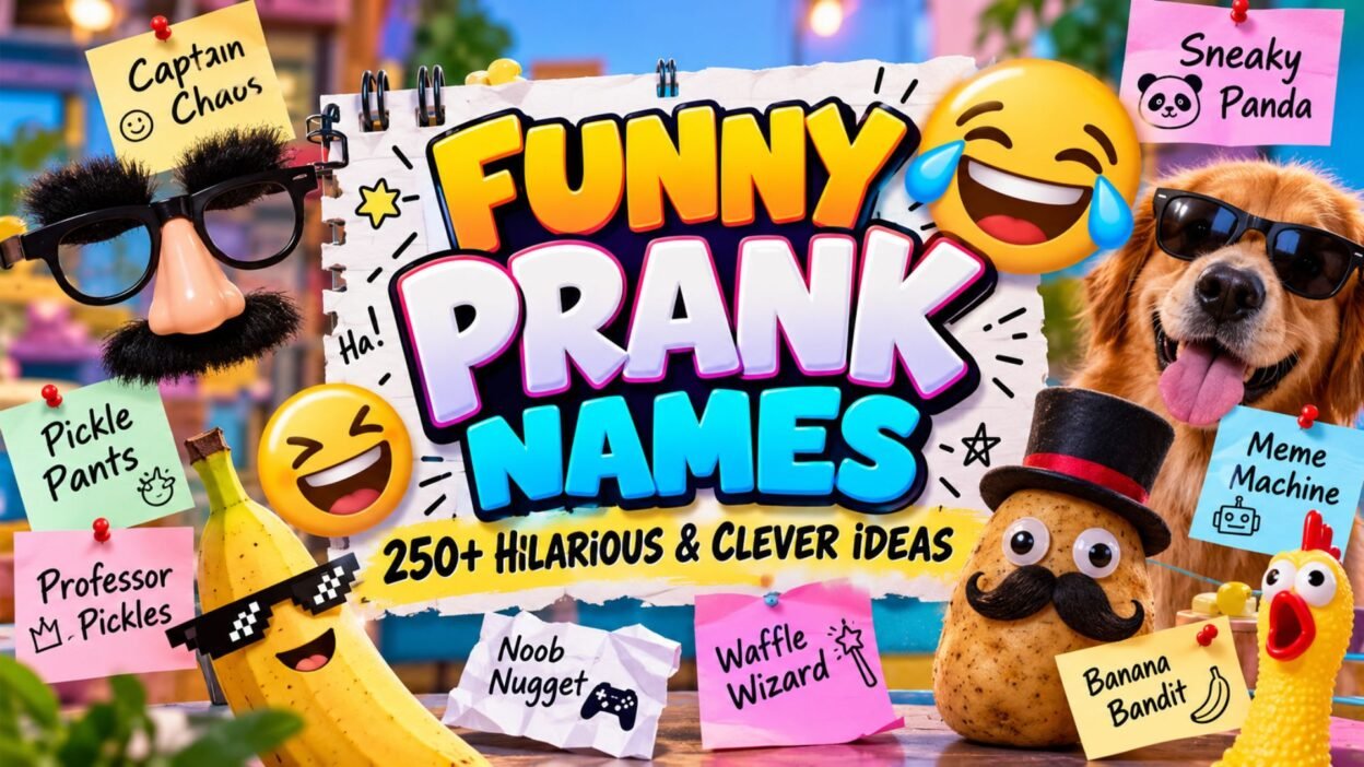 Funny prank names featured image with hilarious name ideas, laughing emojis, a sunglasses-wearing banana, and playful characters.