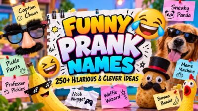 Funny prank names featured image with hilarious name ideas, laughing emojis, a sunglasses-wearing banana, and playful characters.