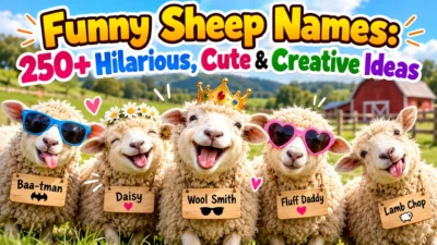 Funny sheep names with five adorable sheep wearing playful accessories on a sunny farm