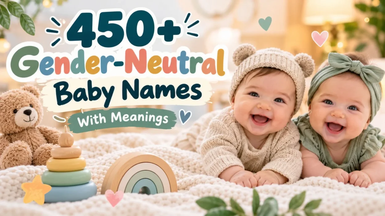 450+ gender-neutral baby names with meanings featuring two smiling babies in a cozy pastel nursery