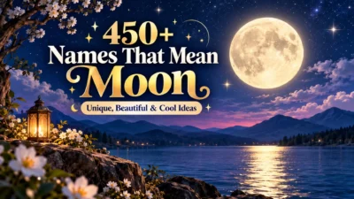 450+ names that mean moon featuring a glowing full moon, starry sky, and peaceful mountain lake