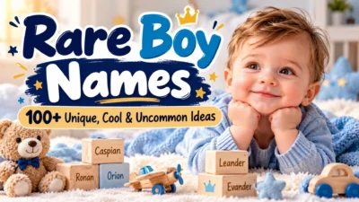 Rare boy names with a smiling baby, wooden name blocks, and 100+ unique name ideas