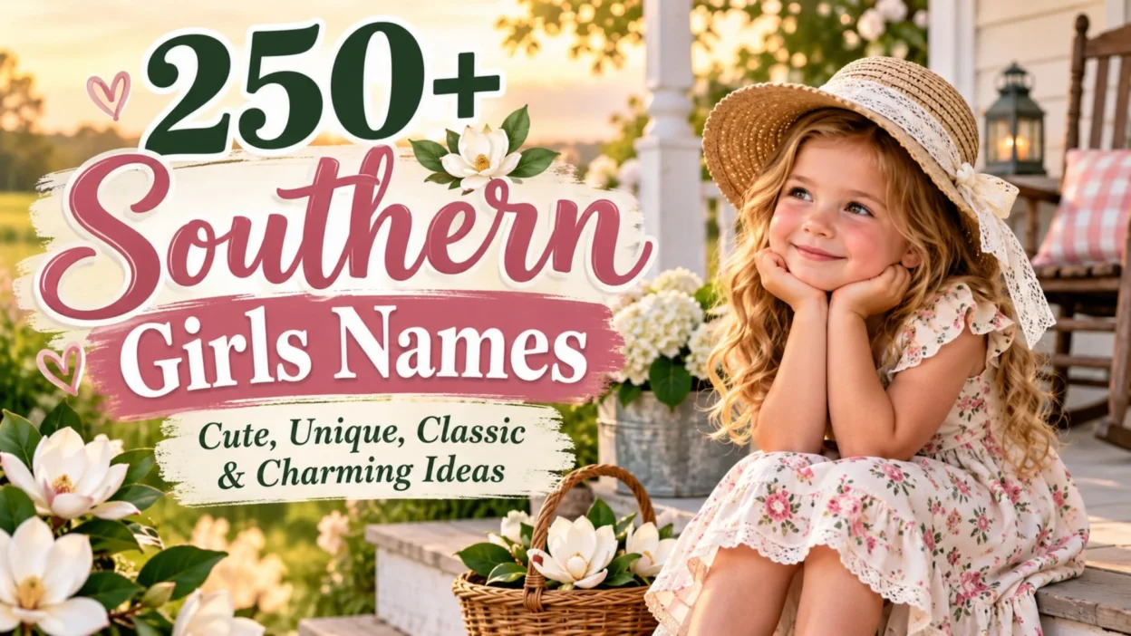 250+ Southern girls names featuring cute, unique, and classic name ideas with a charming Southern theme.