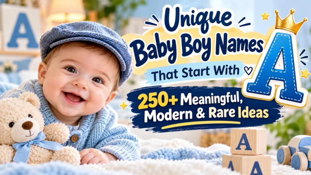 Unique baby boy names that start with A featuring a smiling baby boy, teddy bear, and blue letter A.