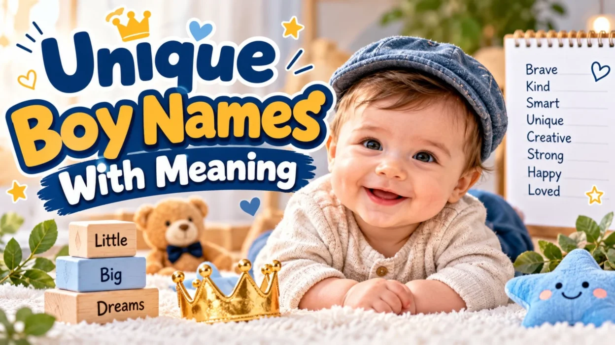 Unique boy names with meaning featured on a baby-themed banner with a smiling baby boy and nursery decorations.