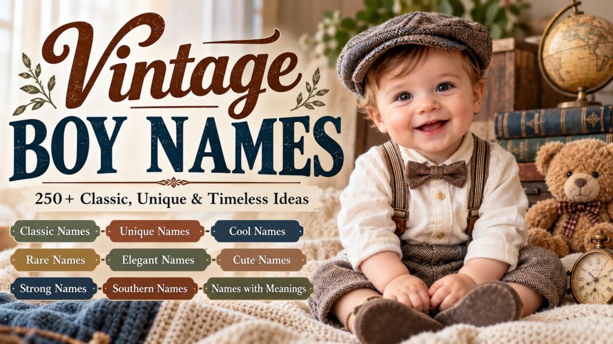 Vintage boy names featuring a smiling baby boy and 250+ classic, unique, and timeless name ideas