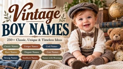 Vintage boy names featuring a smiling baby boy and 250+ classic, unique, and timeless name ideas